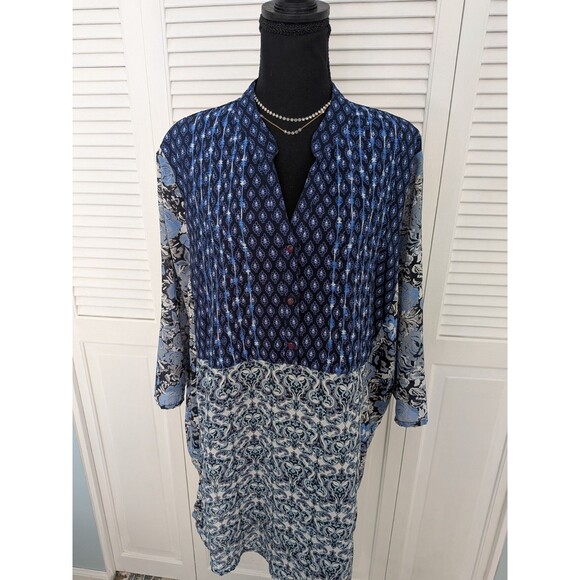 Ulla Popken Top Women's 16/18 Cottagecore Boho Blue Floral Pleats Button Tunic - Picture 1 of 11